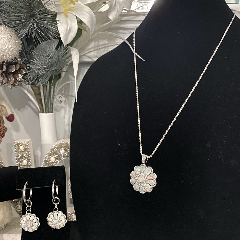 Lab Created Opal CZ Sterling Silver Flower Earrings